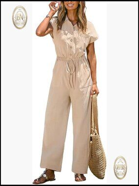 100% Polyester Jumpsuit with Pockets, Short Sleeves, Wide Leg Casual Outfit